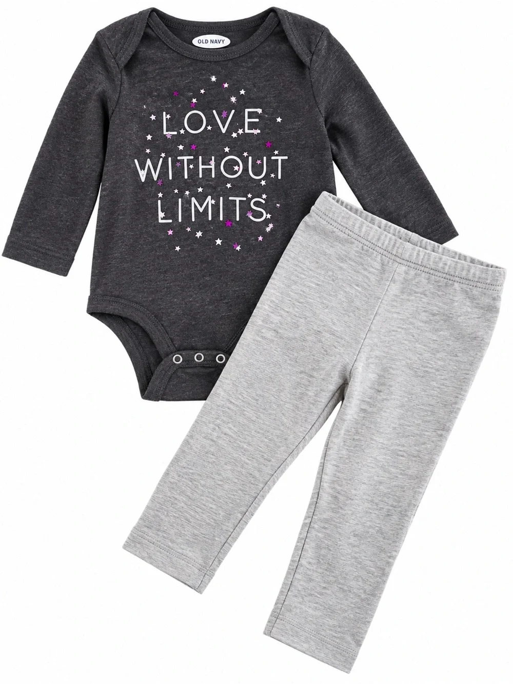 Old Navy Charcoal Bodysuit & Light Gray Leggings Set with Pink Star Accents